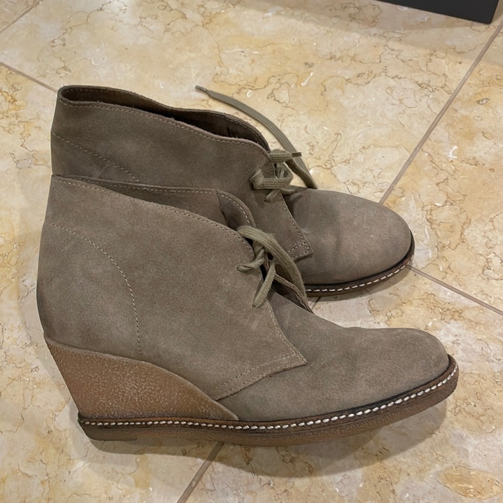 J crew grey suede wedge bootie